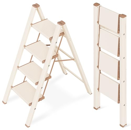 GameGem 4 Step Ladder, Folding Step Stool with Anti-Slip Wide Pedal, Aluminum Material Lightweight yet Sturdy, 150KG Load, Cute Modern Apperance for Indoor Household Spaces, Cream Chocolate