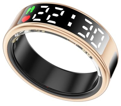 LONGLU Smart Ring Für Frauen Männer Mit LED Display, Fitness Tracker Mit Herzfrequenz/Blutsauerstoff/Schlaf/Sport/5ATM Wasserdicht, Gesundheitsmonitor Für iPhone & Android (Gold, 10)