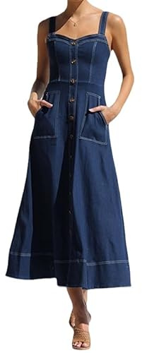 INRLEWGB Robe Longue en Jean Élégante pour Femme, sans Manches, Boutonnée, Bretelles Réglables, Coupe Ajustée, Dos Nu, Style Vintage, Coupe Trapèze, Maxi, avec Poche, Bleu, Taille M