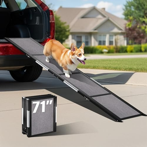 PATHOSIO PETS Portable Dog Ramp for Car – Foldable Dog Car Ramp for Truck, SUV, High Bed & Sofa with Anti-Slip Feet & Traction Carpet – Small to Large Breeds (71 Long & 17 Wide)