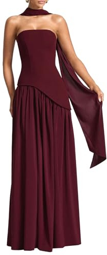 Vestido Largo sin Tirantes para Mujer, de satén Fruncido, para Fiesta de graduación, Boda, con Bufanda