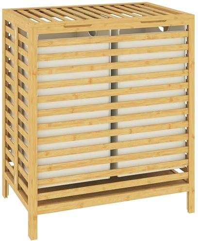 HOMCOM Wäschekorb aus Bambus mit Deckel 64L 2 Fächer Natur Cremeweiß