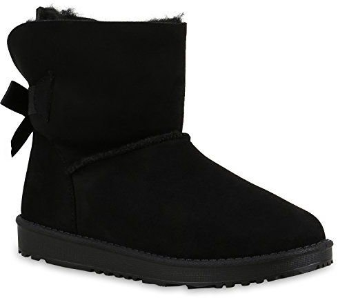 Warm Gefütterte Boots Damen Stiefeletten Schleifen Kunstfell Schlupfstiefel Schlupfstiefeletten Schuhe 129578 Schwarz Schleife 38 Flandell