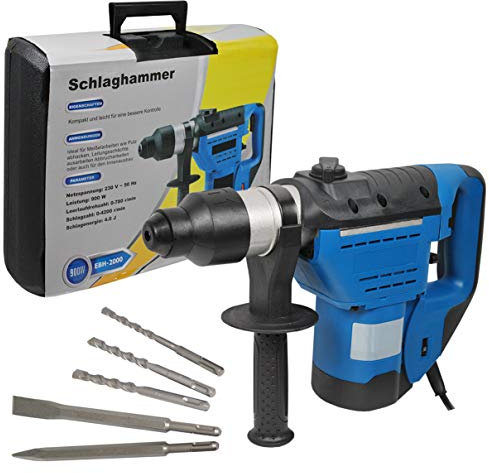 HELO 'EBH-2000' SDS-plus Schlagbohrmaschine 4 J Schlagkraft, 0-780U/min, 900W Motor, Anti-Vibration (AVS), Bohrhammer Set inkl. Tragekoffer, Spitzmeißel, Flachmeißel, 3x Betonbohrer (8, 10, 12 mm)