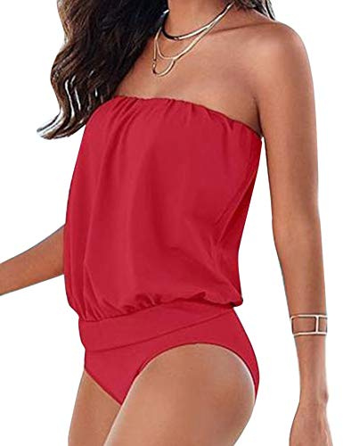 Dam baddräkt bandeau bikini badkläder axelbandslös baddräkt, Röd, XL