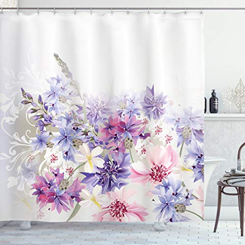 ABAKUHAUS Lavendel Duschvorhang, Rosa Lila Blumen, Stoffliches Gewebe Badezimmerdekorationsset mit Haken, 175 x 220 cm, Lila