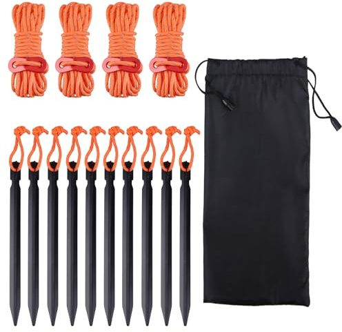TRIWONDER Aluminum Tent Stakes Pegs & Reflective Guylines with Tent Cord Tensioners for Camping, Hiking, Backpacking (Orange)