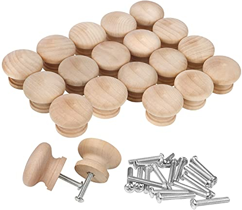 BELLE VOUS Pomelli Legno Grezzo Rotondi con Viti (20 Pomoli Legno Grezzo) - 3,4 x 2,5 cm - Maniglia per Mobili Legno di Betulla Naturale - Pomelli per Mobili Legno, Guardaroba, Armadi e Cassetti