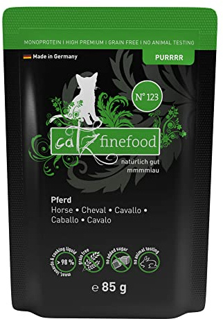 catz finefood Purrrrr Cavallo Monoprotein cibo umido per gatti N° 123, per gatti sensibili alla nutrizione, 70% carne, 16 x 85 g sacchetti
