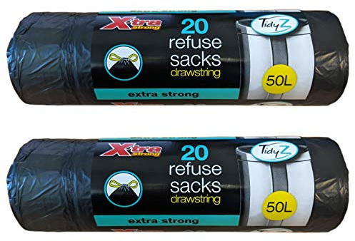 TidyZ 40 x Black 50L Drawstring Refuse Sacks Waste Swing Bin Liners Extra Strong Rubbish Bags