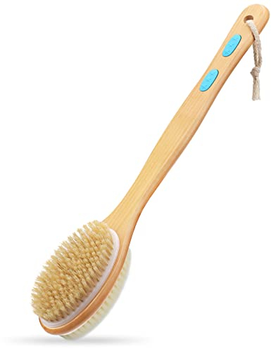 Hience Rückenbürste Dusche mit Langem Stiel, Doppelseitige Duschbürste Rückenschrubber Badebürste Körperbürste Peelingbürste mit Weichen und Steifen Borsten zum Peeling, Cellulite und Lymphdrainage