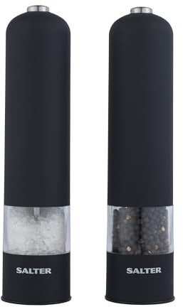 Salter 7524 BKXRUP Molinillos electrónicos de sal y pimienta - funcionamiento con un mano, acabado de goma suave al tacto, mecanismo de cerámica, base iluminada, negro mate