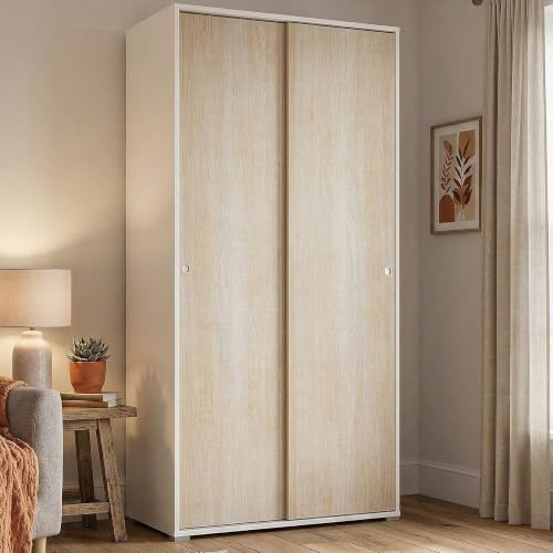 Dmora - Armoire Dalia, armoire avec 2 portes coulissantes et 4 étagères, mobilier de chambre polyvalent moderne, 100% Made in Italy, 90x45h195 cm, Chêne et Blanc