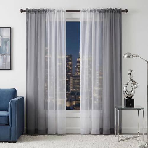 Melodieux Gardinen mit Kräuselband 2er Set - Ombre Transparent Vorhänge für Wohnzimmer, (H225 x B140cm, Grau-Weiss)