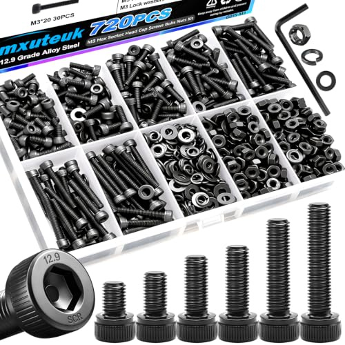 mxuteuk 720PCS M3 Screws Kit,M3×6/8/10/12/16/20mm M3 Screws Assortment Kits,12.9 Alloy Steel M3 Nuts and Bolts,M3 Hex Socket Head Bolts Nuts Washers Set Suitable for 3D Printer,DIY