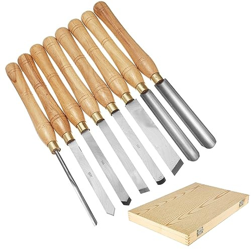 Drechseleisen-Set, HSS Stahl Drechselmesser 8-Teilig, Drechselwerkzeug Für Holz Mit Holzgriff in Holzbox, Drechselzubehör, Holz Drehbank Schnitzwekzeug, Drechselbeitel Drechselholz