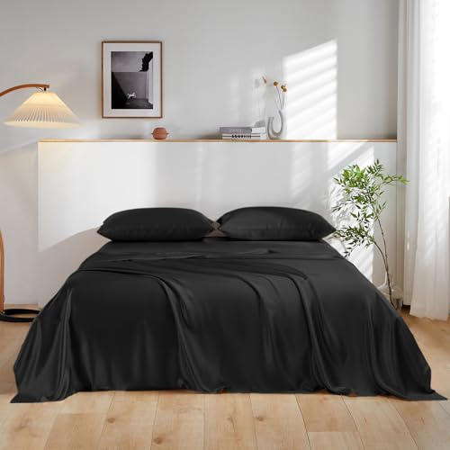 THXSILK 100% Mulberry Silk Bed Sheets Set - 4pcs Pure Silk Sheets Set - Flat Sheet, 16 Deep Pocket Fitted Sheet, 2 Pack Silk Pillowcase with Zipper Closure - Queen Size, Black