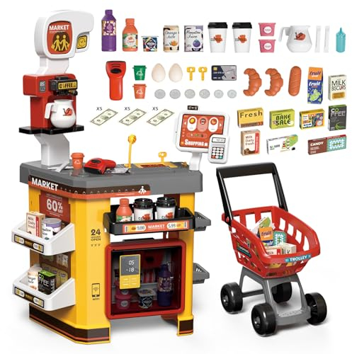 RedCrab Supermarkt Kinder mit Einkaufswagen, 55Pcs Spielsupermarkt Kaufladen Zubehör, Kaufmannsladen Rollenspiele Geburtstag Spielzeug für Kinder ab 3 Jahren
