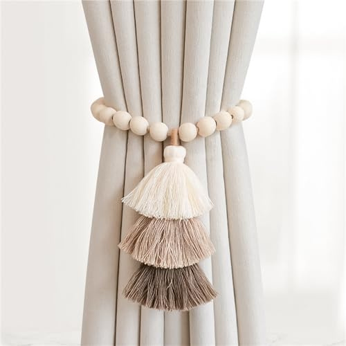 Herfair Vorhang Raffhalter Magnetische, 2 Stück Quasten Gardinenhalter | mit Holzperle, Boho Gardinenclips Vorhangschnalle für Kinderzimmer Deko (Quasten)