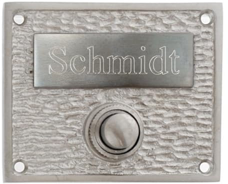 Nostalgische Türklingel Messing vernickelt matt gebürstet mit Namens-Gravur, Klingel Vintage Optik Gründerzeit personalisiert, NM9161