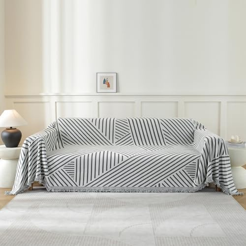 YSTELLAA Sofföverdrag 3-Sits, 180×340CM, Chenille Ab-Sidigt Överdrag För Hörnsoffa, Pet Soff Cover Överdrag, Sofföverkast Fläckbeständig Heminrednin, Sofföverdrag Med Tofs, Mörkgrå-Line