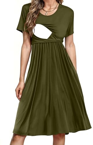 Abito estivo da donna per allattamento e gravidanza, a maniche corte, stile patchwork, con tasche, Verde militare, S