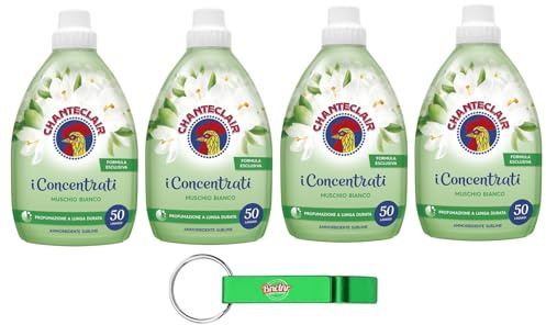 4x Chanteclair I Concentrati - Ammorbidente Concentrato, Fragranza Muschio Bianco, per Capi Morbidi e Profumati - 50Lavaggi 1Lt + Portachiavi Beni Culinari in Omaggio