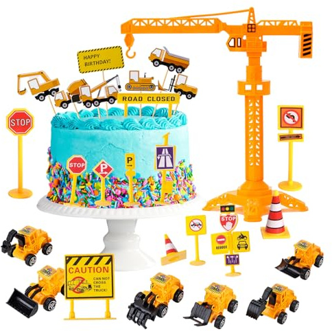 28 Stück Tortendeko Bagger,Tortendeko Baustelle,Bagger Tortendeko, Bagger Kuchen Tortendeko,Verkehrsschilder Spielzeug,Baustellenfahrzeuge Kinder,BAU Thema Bagger Kuchendeko für Kinder Geburtstagsdeko