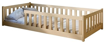 Kids Collective Kinderbett Bodenbett 90x200 cm mit Rausfallschutz & Lattenrost Montessori Bett Bed Gitterbett Kinder Jugendbett Einzelbett | Natur | von 4. bis 18. Lebensjahr