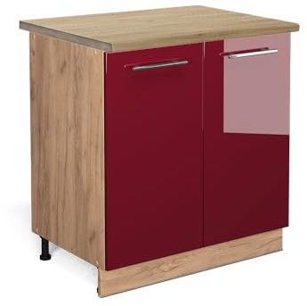 Vicco Küchenunterschrank Fame-Line, Bordeaux Hochglanz, 80 cm | MDF-Front · AP Eiche inkl. · Höhenverstellbare Füße · Metallgriffe · Soft-Close