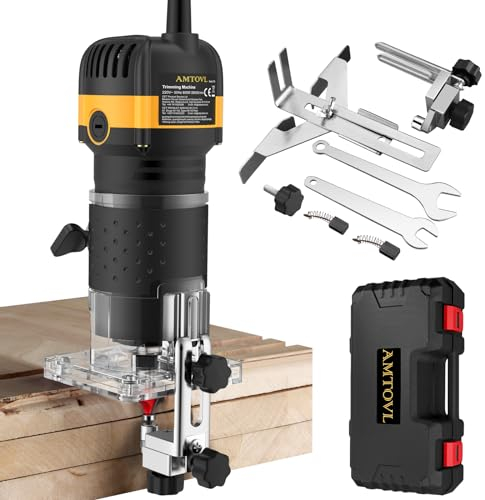 AMTOVL 6.35 mm Router Elettrico per Legno Fresatrice Elettrica per Legno 800W 28000R/MIN con Funzione di Controllo della Velocità e 3m Cavo di Alimentazione Scatola di Lavorazione del Legno DIY