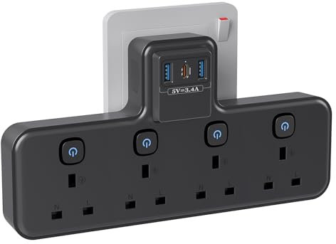 Multi Plug Extension Socket with PD20W USB C Slot, 4 Way Plug Adapter with Independent Switches 3 USB, PASSUS 13A 3250W UK Wall Adaptor Built-in Surge Protector for Home, Office, Kitchen