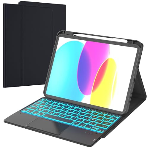VANKEYPAD - Funda de teclado para iPad (A16) 11ª generación 11 2025, iPad 10ª generación 10.9 2022-7 colores retroiluminados con teclado táctil recargable AZERTY francés teclado, negro