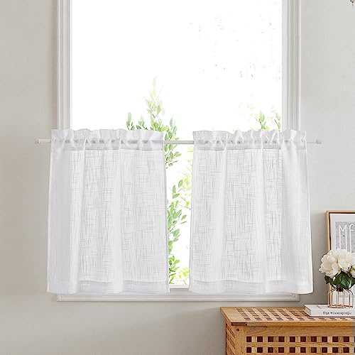 PONY DANCE Scheibengardine Küche Weiss Gardinen Kurz H 150 x B 60 cm | 2er Set, Leinenoptik, Bistrogardine Modern, Vorhänge Wohnzimmer, mit Stangendurchzug, Sichtschutz, Lichtdurchlässig