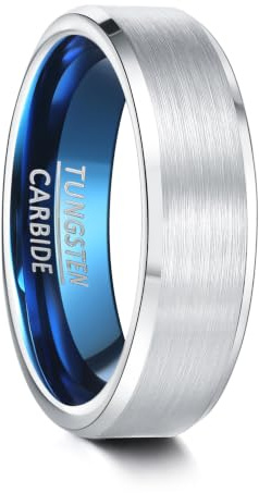 083BASE Unisex Wolfram Ring Schwarz/Silberblau, 4mm/6mm/8mm Breite, Gebürstetes Metall-Design, Schräge Kanten, Damen/Herren Schmuck in Verschiedenen Größen