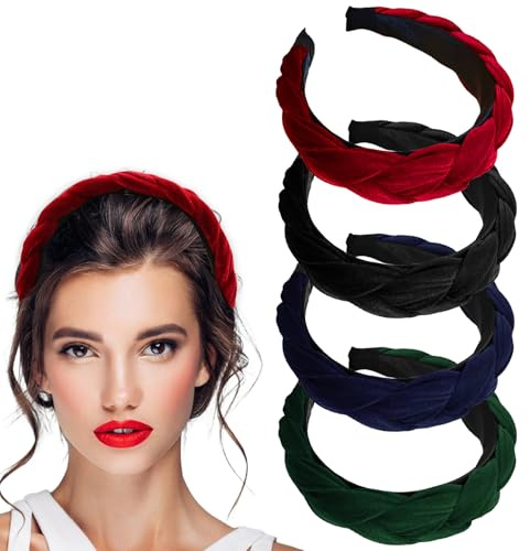ZYKORT 4 Stück Samt Haarreif Geflochten Damen, Stirnband Breit Haarband Vintage Trachten Haarreif Mode Stirnbänder für Damen Mädchen (Grün+Schwarz+Rotwein+Marineblau)