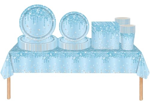 69 st babyblå glänsande glitter diamant festservis set plast bordsduk, papperstallrikar servetter och koppar engångsservis för pojkar födelsedag, baby shower jul frusna blå festdekorationer