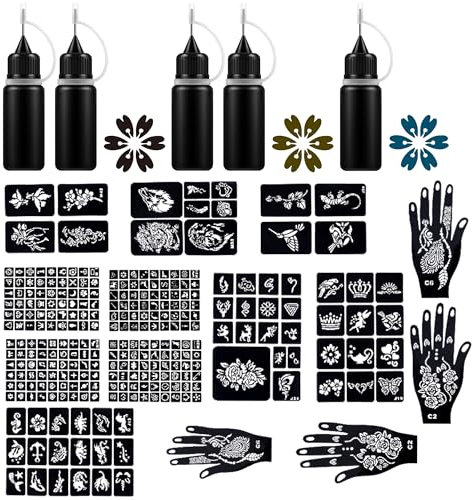 Henna Tattoo Kits 5 Inks 14 Blatt Henna Schablonen Glitter, Natural Henna Paste Kegel, Henna Braun Sommersprossen für Frauen Mädchen Hände Finger Körperbemalung Hochzeit(A)