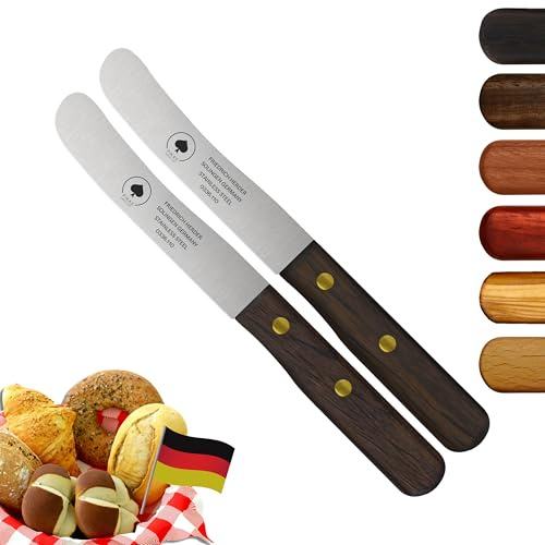 Solingen Messer, 2er Set Räuchereiche Holzgriff, Premium Buckelmesser, Klinge rostfrei 11cm - Küchenmesser, Brotmesser, Frühstücksmesser, Dünnschliff & Handabzug, Made in Germany