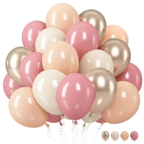 Retro Rosa Luftballons, 12 Zoll Luftballons Dusty Rosa Beige Metallic Roségold Aprikose Latex Ballons Party Dekoration mit Band für Mädchen Boho Geburtstag Hochzeit Babyparty