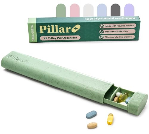 Pillar Plus XL 7-Day Pill Box Organiser - Aesthetic Travel Pill Organiser | Perfect for daily use and travel, 50% more space, Sage Green, Beautiful compact design, Great as a supplement organiser