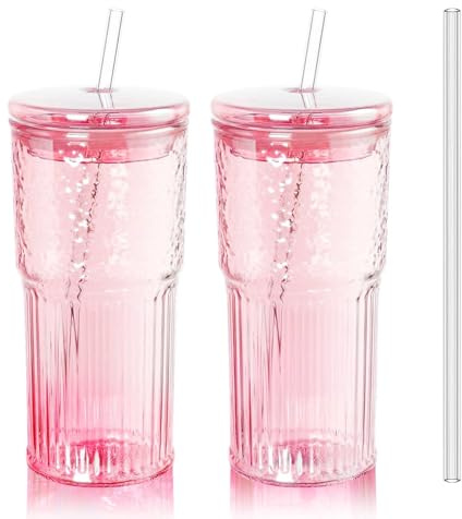 Iced Coffee Cup, 2 Pack 20Oz/600ml Clear Glasses Cups with Lids and Glass Straws Drinking Glasses for Juice, Coffee,Cocktail,Soda,Milk,Ice Water, Cold or Hot Drinks, Pink