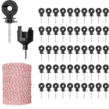 Weidezaun Seil + Ringisolator + Einschraubhilfe, Weidezaunlitze Weidezaun Elektrozaun Litze, 6 NIRO, Weiß-rot Elektroseil (200m)