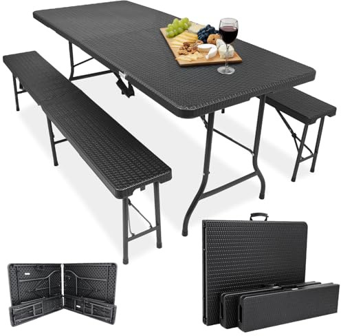 Devillo® Bierzeltgarnitur klappbar 3‑teilig – Tisch 180x74x72 cm + 2 Bänke 180x25x43 cm – Campingtisch, wetterfest & pflegeleicht, Anti‑Rutsch – mit Tragegriffen – für Camping, Garten – Rattanoptik