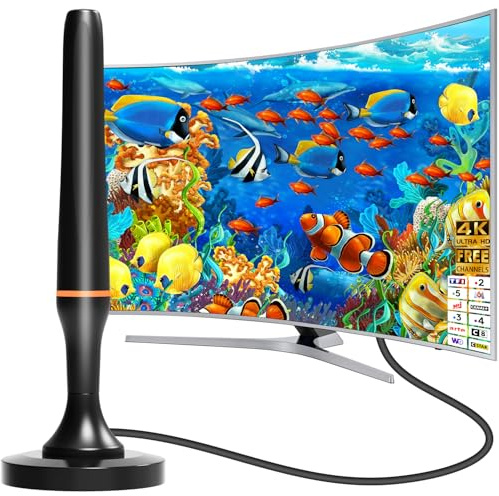 Antenne TV intérieur,Antenne TNT intérieur HD Puissante, Portable récent Intérieure for 4K 1080P Télé antenne- Base magnétique Forte -2.5m de câble supporte Les chaînes locales