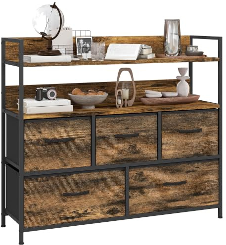 HOMCOM Cómoda con 5 cajones de tela plegables, cómoda de dormitorio, armario de almacenamiento con estantes abiertos, bandeja y marco de acero, estilo industrial, para dormitorio, salón, pasillo