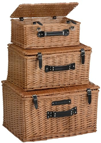 CampFeuer Juego de cesta de mimbre | 3 piezas | Maletín de mimbre con correa de piel sintética, cesta de picnic trenzada, cesta de mimbre con tapa, cestas de pícnic | maletín decorativo, cesta de