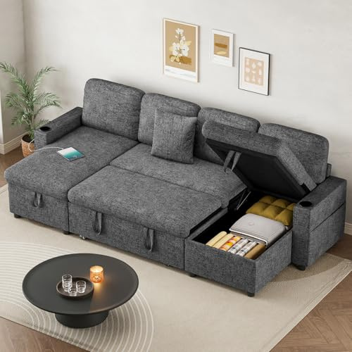 Hadibio Corner Sofa Bed, Convertible U-Shaped Sofa with Storage, USB & Type-C Ports, 2 Cup Holders and 2 Cushions, 4 Seater Chenille Pull Out Sofa Couch Bed for Living Room, Bedroom, Grey
