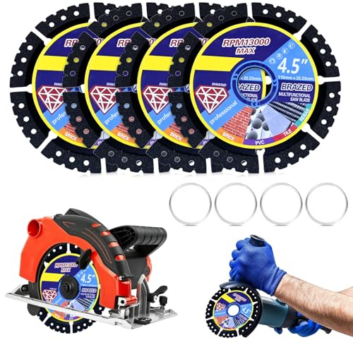 Lanstorm 4 Pcs Angle Grinder Discs, 115mm/4.5inch Diamond Multi-Purpose Saw Blades, Heavy Duty Cutting Discs, Ultra Thin Grinding Discs for Granite Marble Concrete Tiles Steel Wood
