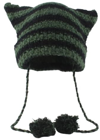 YANPINGJIA Bonnet à oreilles de chat très élastique, coupe-vent, motif rayé tricoté pour homme et femme, garde au chaud avec pompon, bonnet tricoté pour adulte pour femme pour l'hiver